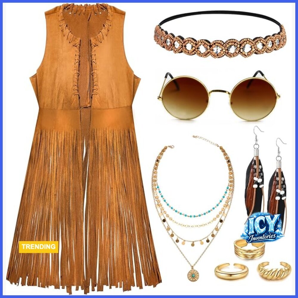 Faux Suede Fringe Vest Hippie Costume Set with Accessories